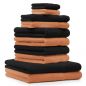 Preview: 10 uds. Juego de toallas "Classic" – Premium , color:  naranja  y negro , 2 toallas cara 30x30, 2 toallas de invitados 30x50, 4 toallas de 50x100, 2 toallas de baño 70x140 cm