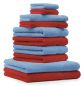 Preview: Betz 10-tlg. Handtuch-Set PREMIUM 100%Baumwolle 2 Duschtücher 4 Handtücher 2 Gästetücher 2 Waschhandschuhe Farbe Rot & Hell Blau