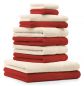 Preview: 10 uds. Juego de toallas Classic- Premium , color:  rojo y beige, 2 toallas cara 30x30, 2 toallas de invitados 30x50, 4 toallas de 50x100, 2 toallas de baño 70x140 cm