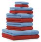 Preview: 10 uds. Juego de toallas Classic- Premium , color:  rojo y azul claro de , 2 toallas cara 30x30, 2 toallas de invitados 30x50, 4 toallas de 50x100, 2 toallas de baño 70x140 cm