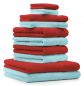 Preview: 10 uds. Juego de toallas Classic- Premium , color:  rojo y turquesa  , 2 toallas de cara 30x30, 2 toallas de invitados 30x50, 4 toallas de 50x100, 2 toallas de baño 70x140 cm