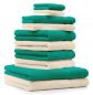 Preview: 10 uds. Juego de toallas Classic- Premium , color:verde esmeralda y beige, 2 toallas de cara 30x30, 2 toallas de invitados 30x50, 4 toallas de 50x100, 2 toallas de baño 70x140 cm