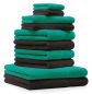 Preview: 10 uds. Juego de toallas Classic- Premium , color:verde esmeralda y marrón oscuro, 2 toallas de cara 30x30, 2 toallas de invitados 30x50, 4 toallas de 50x100, 2 toallas de baño 70x140 cm