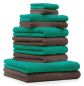 Preview: 10 uds. Juego de toallas Classic- Premium , color:verde esmeralda y marrón nuez, 2 toallas de cara 30x30, 2 toallas de invitados 30x50, 4 toallas de 50x100, 2 toallas de baño 70x140 cm