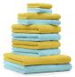 Preview: Betz 10-tlg. Handtuch-Set CLASSIC 100% Baumwolle 2 Duschtücher 4 Handtücher 2 Gästetücher 2 Seiftücher Farbe gelb und türkis