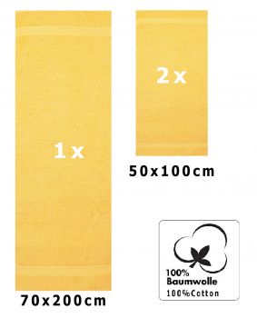 Lot de serviettes: 1 serviette à sauna 70 x 200 cm et 2 serviettes de toilette 50 x 100 cm, "Premium" jaune, qualité 470 g/m²