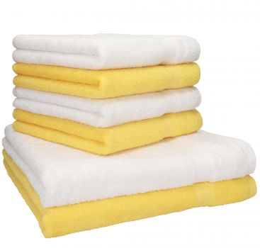 Set di 6 asciugamani in spugna Premium colore: bianco e giallo, 2 asciugamani da doccia 70x140 cm, 4 asciugamani 50 x 100 cm, 100% puro cotone, Qualità 470 g/m²