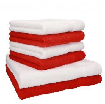 Betz 6 Piece Towel Set PREMIUM 100% Cotton 4 hand towels 2 bath towels Colour: white & red