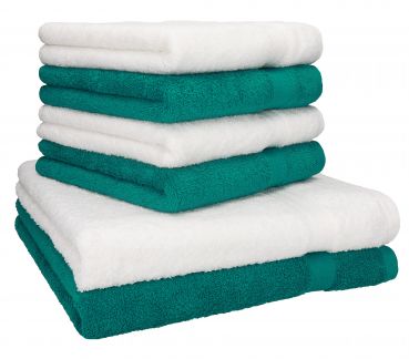 6-tlg. Handtuchset "Premium" - weiß & smaragdgrün, Qualität 470 g/m², 2 Duschtücher 70 x 140 cm weiß & grün, 4 Handtücher 50 x 100 cm weiß & grün