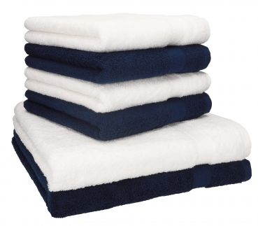 Betz Lot de 6 serviettes 2 draps de bain 4 serviettes de toilette Premium 100% coton couleur blanc & bleu foncé