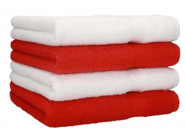 Set di 4 asciugamani in spugna Premium, colore: bianco e rosso, 4 asciugamani 50 x 100 cm, 100% puro cotone, Qualità 470 g/m²