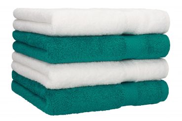 Set di 4 asciugamani in spugna Premium, colore: bianco e verde smeraldo, 4 asciugamani 50 x 100 cm, 100% puro cotone, Qualità 470 g/m²