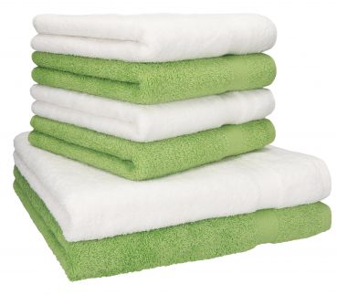 Betz Set di 6 asciugamani in spugna Premium colore: bianco e verde mela, 2 asciugamani da doccia 70x140 cm, 4 asciugamani 50 x 100 cm, 100% cotone