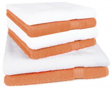 Set di 6 asciugamani di spugna Premium colore: bianco e arancione, 2 asciugamanida doccia 70x140 cm, 4 asciugamani 50 x 100 cm, 100% puro cotone, Qualità 470 g/m²