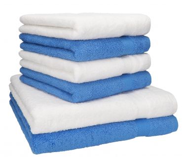 Betz Set di 6 asciugamani di spugna Premium colore: bianco e azzurro, 2 asciugamani da doccia 70x140 cm, 4 asciugamani 50 x 100 cm, 100% cotone