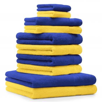 Betz Juego de 10 toallas CLASSIC 100% algodón 2 toallas de baño 4 toallas de lavabo 2 toallas de tocador 2 toallas faciales amarillo y azul