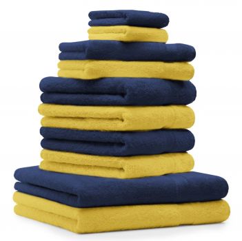 Betz Juego de 10 toallas CLASSIC 100% algodón 2 toallas de baño 4 toallas de lavabo 2 toallas de tocador 2 toallas faciales amarillo y azul oscuro