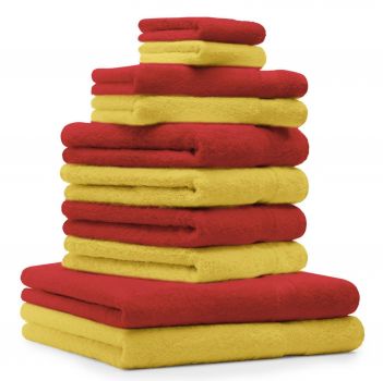Betz Juego de 10 toallas CLASSIC 100% algodón 2 toallas de baño 4 toallas de lavabo 2 toallas de tocador 2 toallas faciales amarillo y rojo
