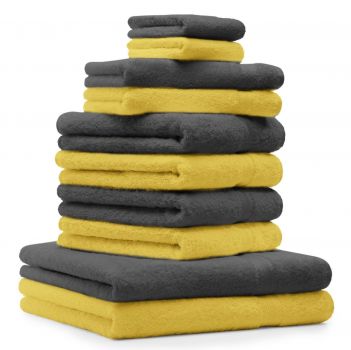 Betz Juego de 10 toallas CLASSIC 100% algodón 2 toallas de baño 4 toallas de lavabo 2 toallas de tocador 2 toallas faciales amarillo y antracita