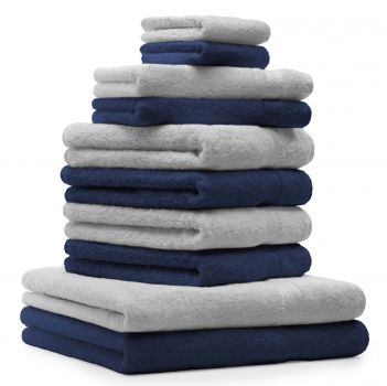 Betz Juego de 10 toallas CLASSIC 100% algodón 2 toallas de baño 4 toallas de lavabo 2 toallas de tocador 2 toallas faciales azul marino y gris plata