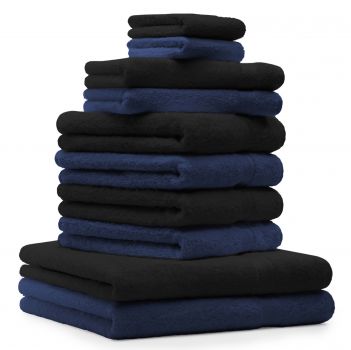 Lot de 10 serviettes "Classic" - Premium, 2 débarbouillettes, 2 serviettes d'invité, 4 serviettes de toilette, 2 serviettes de bain bleu foncé et noir de Betz