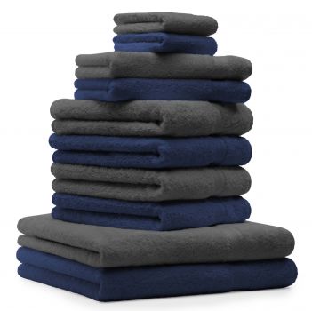 Betz 10-tlg. Handtuch-Set CLASSIC 100% Baumwolle 2 Duschtücher 4 Handtücher 2 Gästetücher 2 Seiftücher Farbe dunkelblau und anthrazitgrau