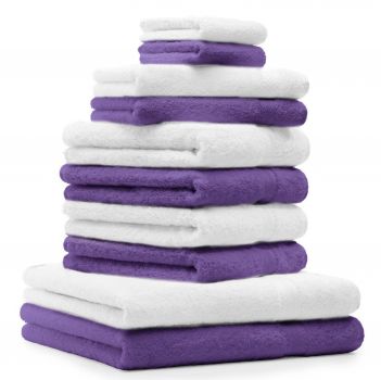 Betz Juego de 10 toallas CLASSIC 100% algodón 2 toallas de baño 4 toallas de lavabo 2 toallas de tocador 2 toallas faciales lila y blanco