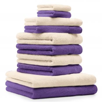 Betz Juego de 10 toallas CLASSIC 100% algodón 2 toallas de baño 4 toallas de lavabo 2 toallas de tocador 2 toallas faciales lila y beige