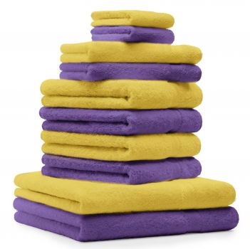 Betz Set di 10 asciugamani Classic-Premium 2 lavette 2 asciugamani per ospiti 4 asciugamani 2 asciugamani da doccia 100 % cotone colore lilla e giallo