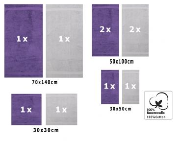 Betz 10-tlg. Handtuch-Set CLASSIC 100%Baumwolle 2 Duschtücher 4 Handtücher 2 Gästetücher 2 Seiftücher Farbe lila und silbergrau