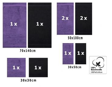 Betz 10-tlg. Handtuch-Set CLASSIC 100% Baumwolle 2 Duschtücher 4 Handtücher 2 Gästetücher 2 Seiftücher Farbe lila und schwarz