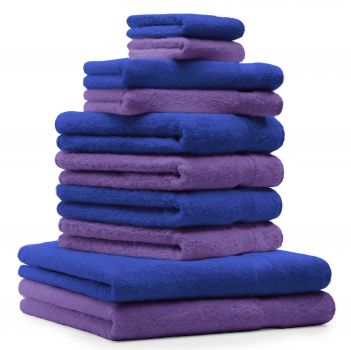 Betz Set di 10 asciugamani Classic-Premium 2 lavette 2 asciugamani per ospiti 4 asciugamani 2 asciugamani da doccia 100 % cotone colore lilla e blu reale