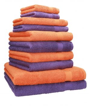 Betz Juego de 10 toallas CLASSIC 100% algodón 2 toallas de baño 4 toallas de lavabo 2 toallas de tocador 2 toallas faciales lila y naranja