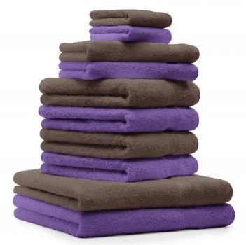 Betz Juego de 10 toallas CLASSIC 100% algodón 2 toallas de baño 4 toallas de lavabo 2 toallas de tocador 2 toallas faciales lila y marrón nuez