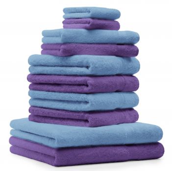 Betz Juego de 10 toallas CLASSIC 100% algodón 2 toallas de baño 4 toallas de lavabo 2 toallas de tocador 2 toallas faciales lila y azul celeste