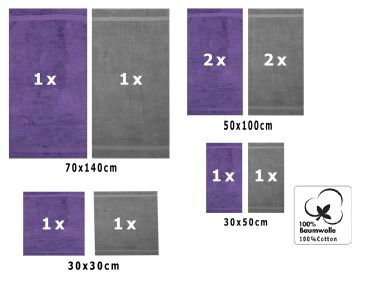 Betz 10 Piece Towel Set CLASSIC 100% Cotton 2 Bath Towels 4 Hand Towels 2 Guest Towels 2 Face Cloths Colour: purple violet & anthracite grey