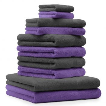 Betz 10 Piece Towel Set CLASSIC 100% Cotton 2 Bath Towels 4 Hand Towels 2 Guest Towels 2 Face Cloths Colour: purple violet & anthracite grey