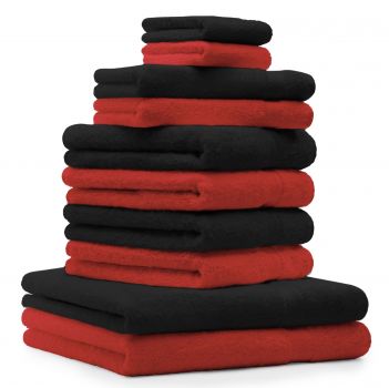 Betz Set di 10 asciugamani Classic-Premium 2 lavette 2 asciugamani per ospiti 4 asciugamani 2 asciugamani da doccia 100 % cotone colore rosso e nero
