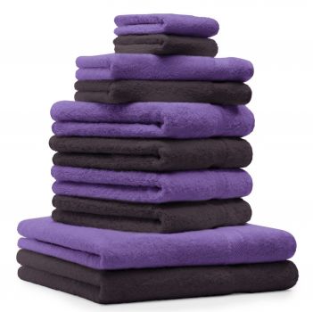 Betz Juego de 10 toallas CLASSIC 100% algodón 2 toallas de baño 4 toallas de lavabo 2 toallas de tocador 2 toallas faciales marrón oscuro y lila