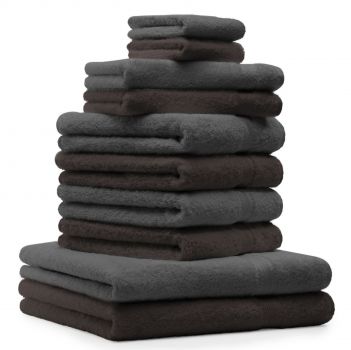 Betz Set di 10 asciugamani Classic-Premium 2 lavette 2 asciugamani per ospiti 4 asciugamani 2 asciugamani da doccia 100 % cotone colore marrone scuro e grigio antracite