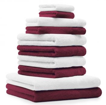 Betz 10 Piece Towel Set CLASSIC 100% Cotton 2 Bath Towels 4 Hand Towels 2 Guest Towels 2 Face Cloths Colour: dark red & white