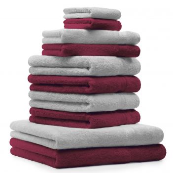 Lot de 10 serviettes "Classic" - Premium, 2 débarbouillettes, 2 serviettes d'invité, 4 serviettes de toilette, 2 serviettes de bain rouge foncé et gris argenté de Betz