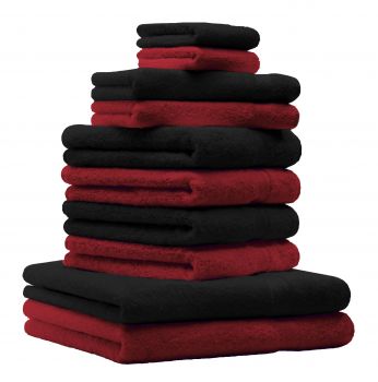Betz 10 Piece Towel Set CLASSIC 100% Cotton 2 Bath Towels 4 Hand Towels 2 Guest Towels 2 Face Cloths Colour: dark red & black