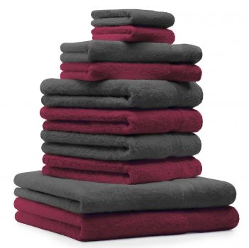 Lot de 10 serviettes "Classic" - Premium, 2 débarbouillettes, 2 serviettes d'invité, 4 serviettes de toilette, 2 serviettes de bain rouge foncé et gris anthracite de Betz