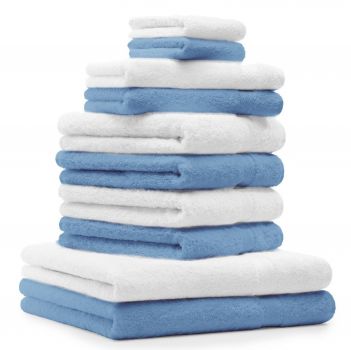 Betz 10 Piece Towel Set CLASSIC 100% Cotton 2 Bath Towels 4 Hand Towels 2 Guest Towels 2 Face Cloths Colour: light blue & white