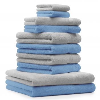 Betz Juego de 10 toallas CLASSIC 100% algodón 2 toallas de baño 4 toallas de lavabo 2 toallas de tocador 2 toallas faciales azul celeste y gris plata