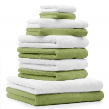 Betz Juego de 10 toallas CLASSIC 100% algodón 2 toallas de baño 4 toallas de lavabo 2 toallas de tocador 2 toallas faciales verde manzana y blanco