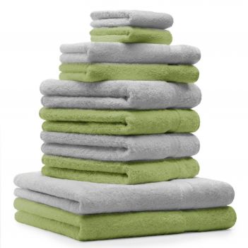 Betz Juego de 10 toallas CLASSIC 100% algodón 2 toallas de baño 4 toallas de lavabo 2 toallas de tocador 2 toallas faciales verde manzana y gris plata