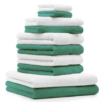 10 uds. Juego de toallas Classic-Premium , color: verde esmeralda y blanco , 2 toallas de cara 30x30, 2 toallas de invitados 30x50, 4 toallas de 50x100, 2 toallas de baño 70x140 cm, de Betz