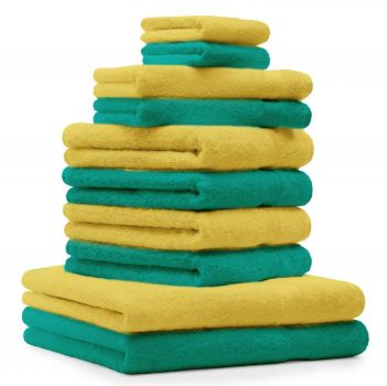 Betz Set di 10 asciugamani Classic-Premium 2 lavette 2 asciugamani per ospiti 4 asciugamani 2 asciugamani da doccia 100 % cotone colore verde smeraldo e giallo